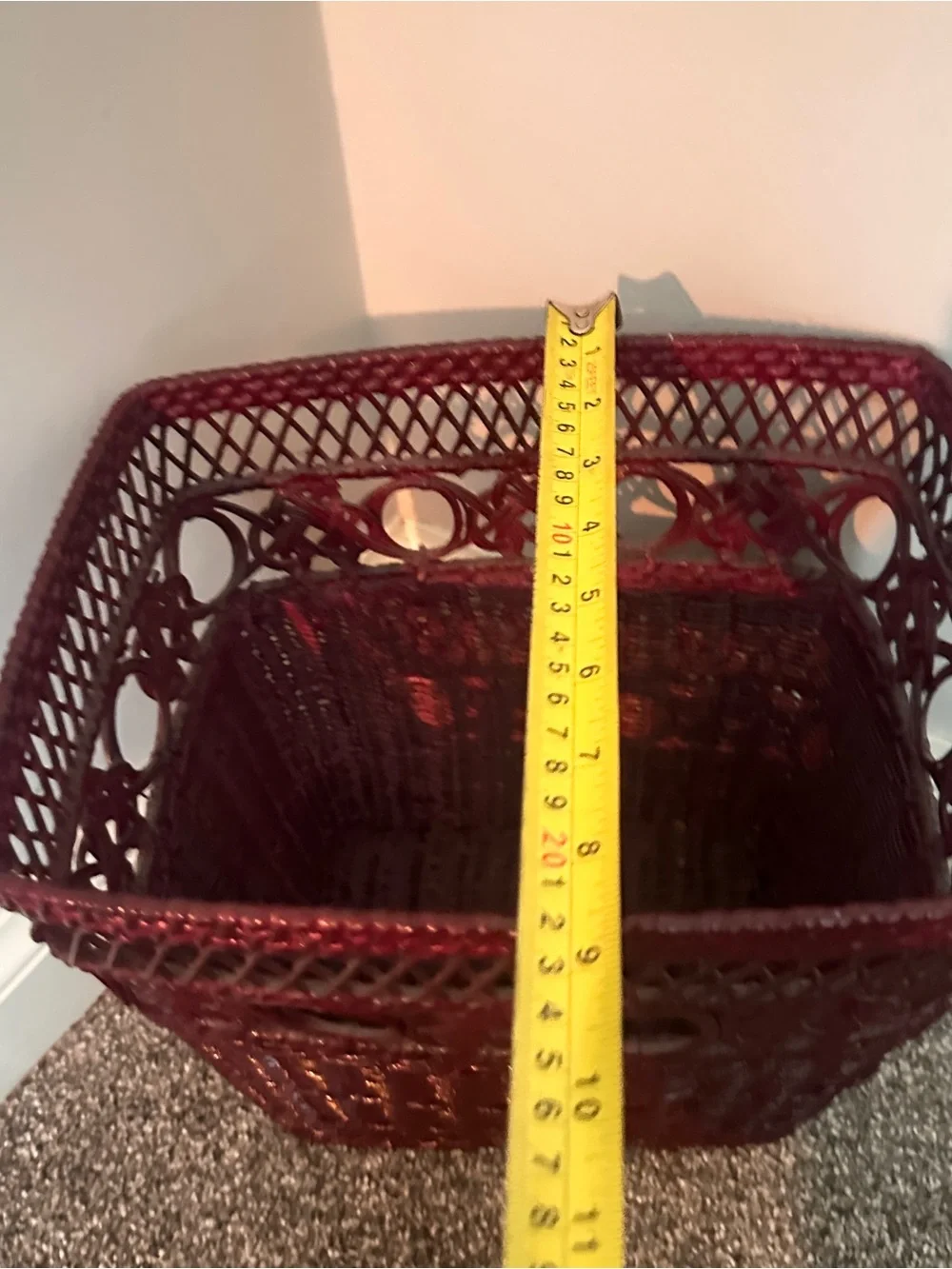 Vintage wicker burgundy waste basket